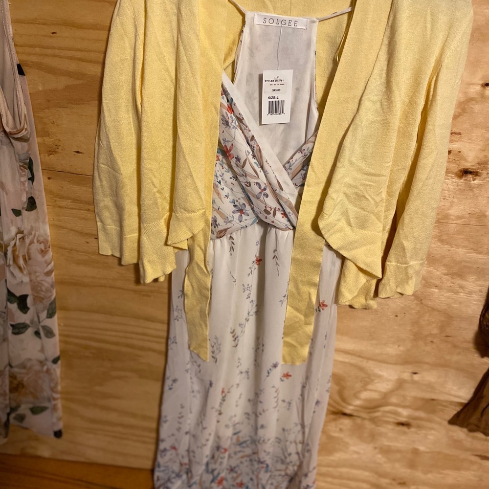 White floral dress and yellow sweater. NWT